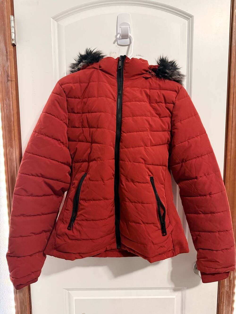 YMI Puffer Jacket Size L Red Faux Fur Hood Quilted Coat